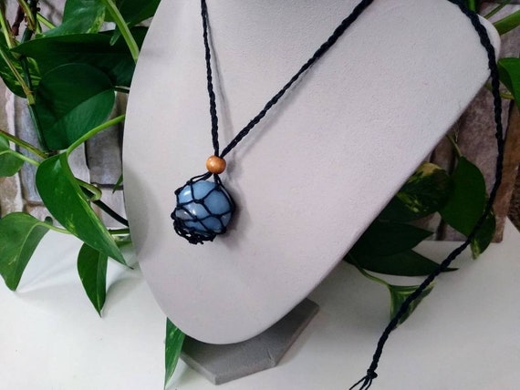 Angelite adjustable interchangeable  macrame crystal holder pouch necklace