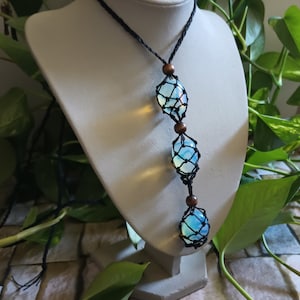 Opalite triple cage  adjustable  length all interchangeable stones macrame crystal holder pouch necklace