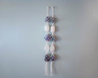 Energy cleansing selenite, rainbow fluorite, and clear quartz crystal macrame wall hanging