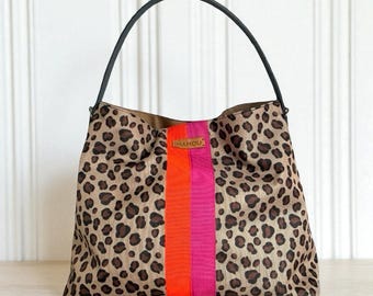 Borsa shopper donna animalier leopardato – tessuto tecnico impermeabile - shopping bag con della colore banda a righe personalizzabile