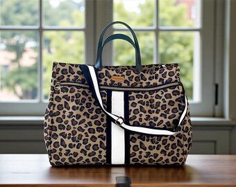 Borsa artigianale donna in tessuto animalier - shopper fatta a mano con banda colorata, iniziali personalizzabili, borsa con tracolla