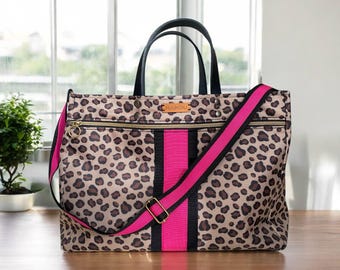 Borsa artigianale donna in tessuto animalier - shopper fatta a mano con banda colorata, iniziali personalizzabili, borsa con tracolla