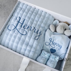 Personalised Baby gift set, Blue Blanket, blue elephant comforter and blue knitted booties, Baby shower, Baby boy 3 pcs gift set