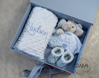 Personalised baby boy gift set. Blue Blanket, blue elephant comforter and blue knitted booties.