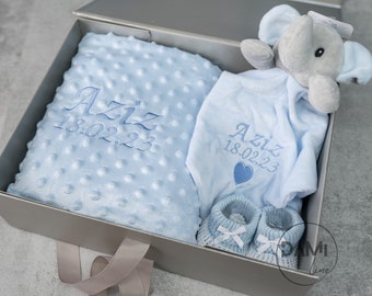 Personalised baby boy gift set in magnetic box | Blue baby blanket, elephant comforter and knitted bootie gift set for boy