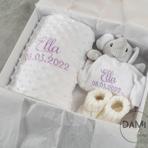 Personalised Baby Blanket, elephant comforter and white booties with gift box, Baby boy or girl baby shower gift, Unisex baby 3pcs gift set