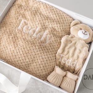 Personalised Baby Blanket, bear comforter and brown booties, Baby boy or girl baby shower gift, Unisex baby 3pcs gift set, Beige gift set