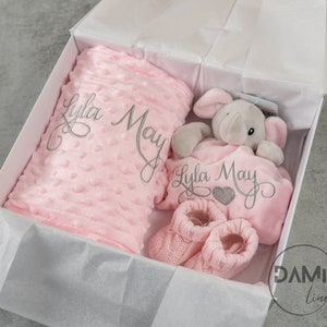 Personalised Baby gift set, Pink Blanket, pink elephant comforter and pink knitted booties, Baby shower, Baby girl 3 pcs gift set