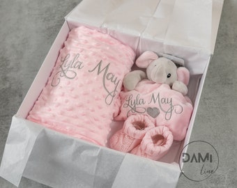 Personalised Baby gift set, Pink Blanket, pink elephant comforter and pink knitted booties, Baby shower, Baby girl 3 pcs gift set