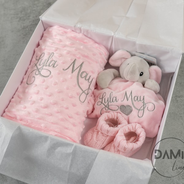 Personalised Baby gift set, Pink Blanket, pink elephant comforter and pink knitted booties, Baby shower, Baby girl 3 pcs gift set