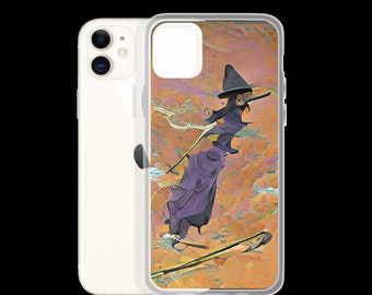 Spooky Halloween Witch on Broomstick Clear iPhone Case - Witchy Abstract Art Print