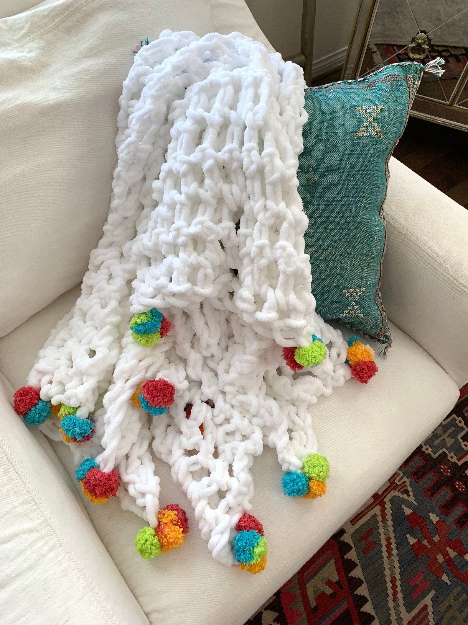 Crochet Blanket, Afghan, Handmade Boho Throw, White, Pom Poms, 'gum
