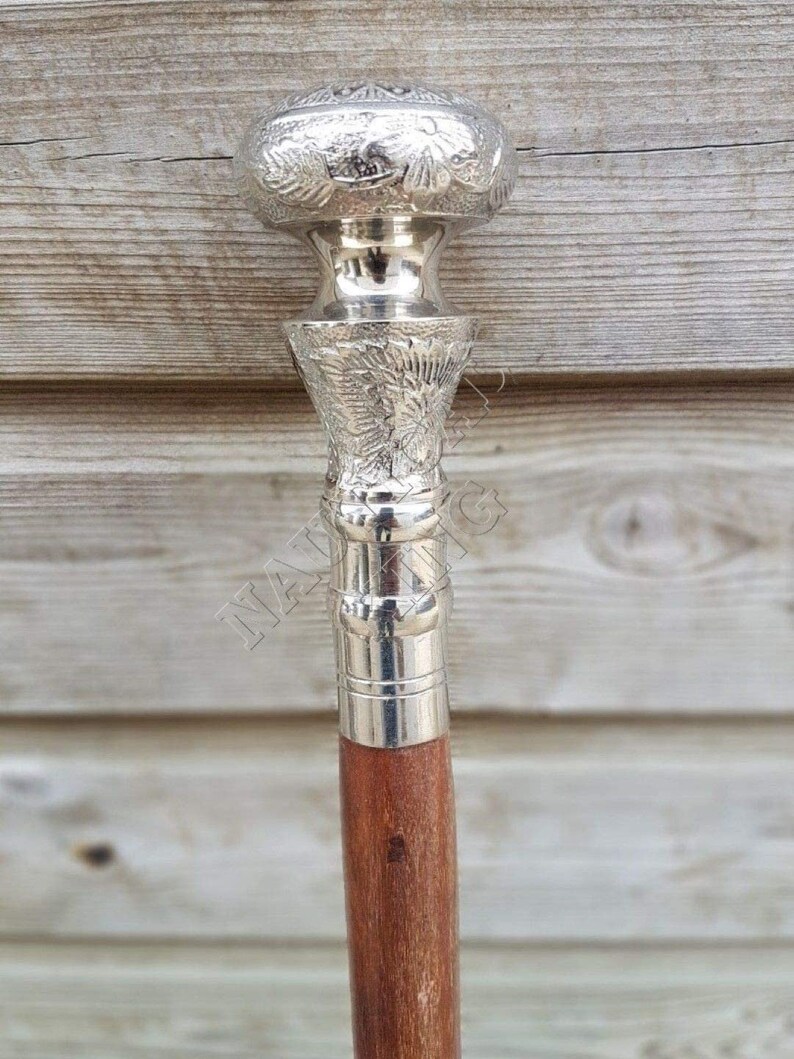 Handmade walking stick Vintage Solid Silver Brass Handle Antique Victorian Cane Wooden walking stick Silver and Brown