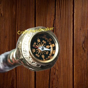 Handmade walking stick Vintage Solid Silver Brass Handle Antique Victorian Cane Wooden walking stick With compass