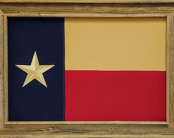 Large Framed Barnwood Texas Flag | Real Cotton Cloth Embroidered Flag | Hand Stretched | Made in USA