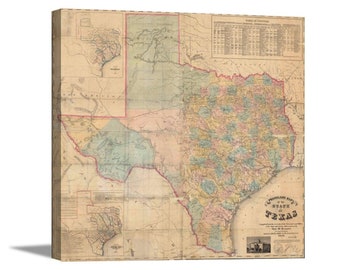 May include: A vintage map of the State of Texas, printed on canvas. The map features detailed geographical information with various colors highlighting different regions. The map is framed and ready to hang, showcasing historical cartography.
