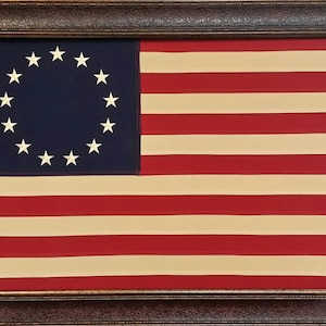 Large Framed Betsy Ross Flag | Real Cotton Cloth Embroidered Flag | Hand Stretched | Made in USA