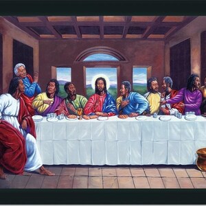 May include: A painting depicting the Last Supper with a diverse group of people, including Jesus, seated around a table. The painting is done in a realistic style with vibrant colors and detailed features.