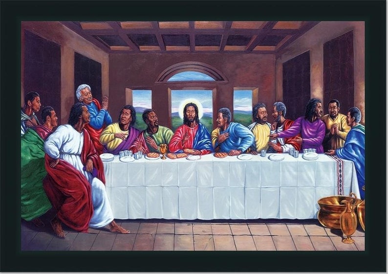 May include: A painting depicting the Last Supper with a diverse group of people, including Jesus, seated around a table. The painting is done in a realistic style with vibrant colors and detailed features.