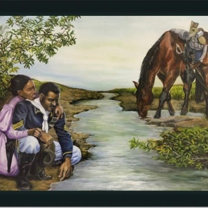 May include: A painting of a couple sitting by a river, the man in a blue uniform and the woman in a pink dress. A horse is drinking from the river in the background.