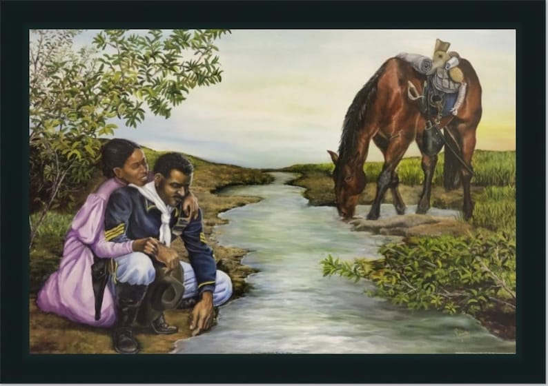 May include: A painting of a couple sitting by a river, the man in a blue uniform and the woman in a pink dress. A horse is drinking from the river in the background.