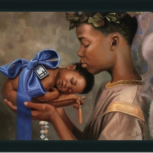 May include: A painting of a young person with wings, wearing a crown of leaves, holding a sleeping baby wrapped in a blue ribbon. The baby is wearing a tag with the letter "F" on it.