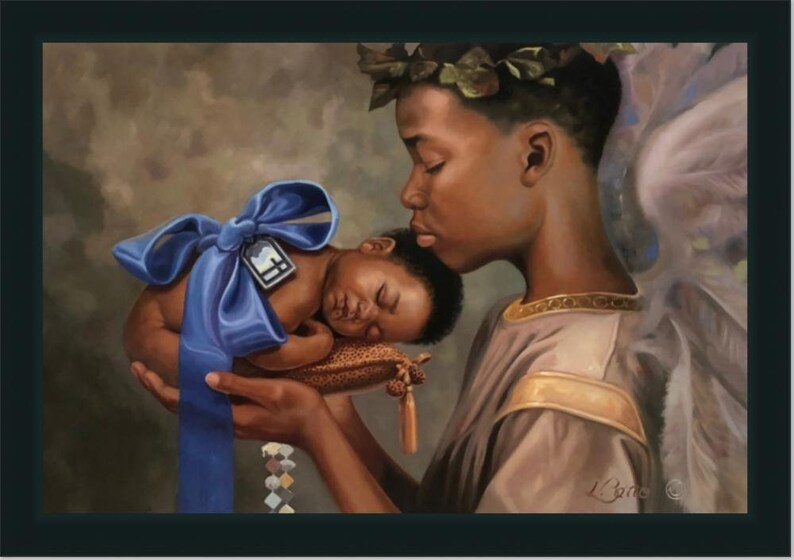 May include: A painting of a young person with wings, wearing a crown of leaves, holding a sleeping baby wrapped in a blue ribbon. The baby is wearing a tag with the letter "F" on it.