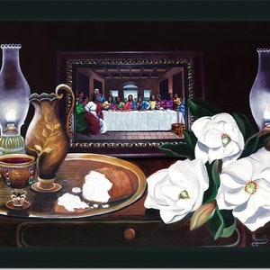 May include: A painting depicting a still life with a framed image of The Last Supper, a pitcher, a glass of wine, a plate with bread crumbs, and white magnolia flowers. The painting is set against a dark background.