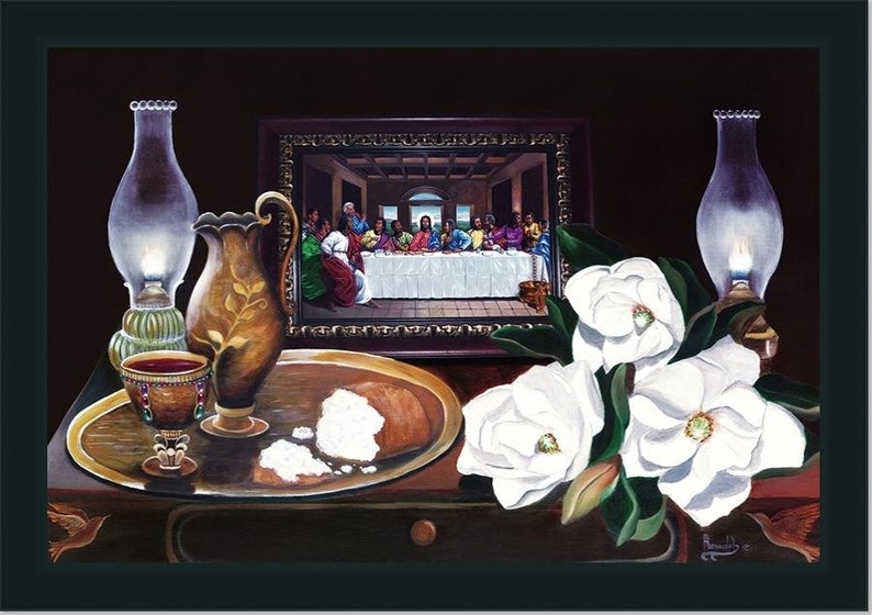May include: A painting depicting a still life with a framed image of The Last Supper, a pitcher, a glass of wine, a plate with bread crumbs, and white magnolia flowers. The painting is set against a dark background.