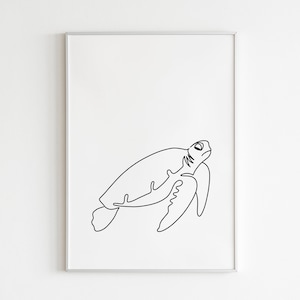 May include: A black and white line drawing of a sea turtle in a simple, minimalist style. The turtle is swimming with its head up and its flippers outstretched. The drawing is framed in a white frame.