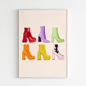DIGITAL PRINT Fashion Illustration Print / Boots Gallery Wall Art /Disco Rainbow 90s Platform Funky