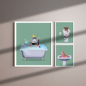 DIGITAL PRINTS Set of three animal Bathroom Prints / Home / Funny Wall Decor / Ensuite / Unique / Quirky Hedgehog Shark Dog