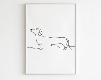 Sausage Dog Minimal Print One Line Drawing Animal Wall Art/Decor Minimalistic Black & White Pet Cute