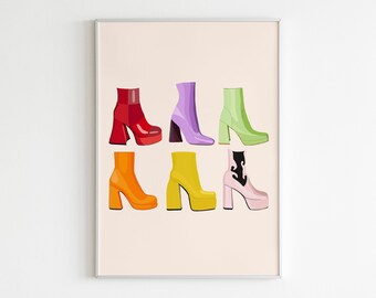 DIGITAL PRINT Fashion Illustration Print / Boots Gallery Wall Art /Disco Rainbow 90s Platform Funky