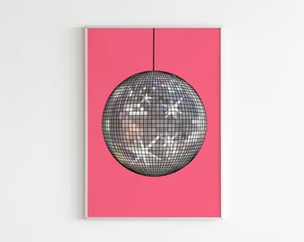 DIGITAL PRINT - Disco Ball Illustration / Gallery Wall Art / Dance Sparkly Retro Funky Pink