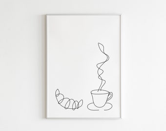 DIGITAL PRINT Coffee Tea & Croissant Bun Print  Printable / Kitchen / Cup / Mug / Hot Drink / Illustration / Art / Drawing / Gallery Wall