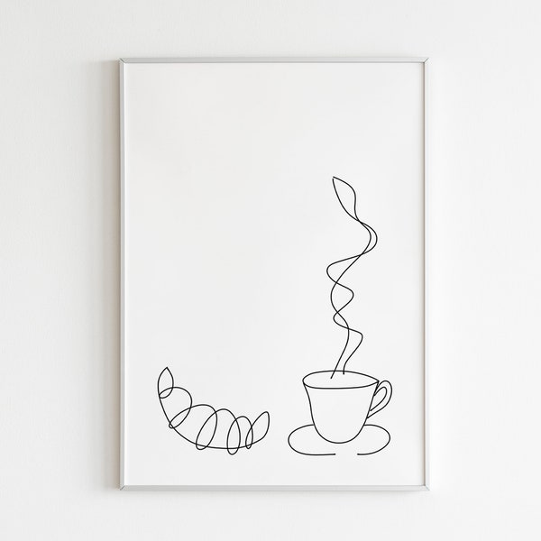 Coffee Tea & Croissant Bun Print  Printable / Kitchen / Cup / Mug / Hot Drink / Illustration / Art / Drawing / Gallery Wall