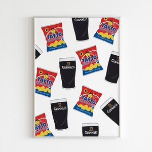 May include: A white background with a repeating pattern of black Guinness pints and red and yellow Tayto crisps bags. The text "Tayto" and "Guinness" is visible on the bags and pints.