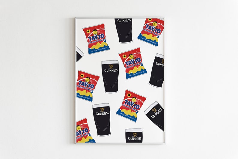 May include: A white background with a repeating pattern of black Guinness pints and red and yellow Tayto crisps bags. The text "Tayto" and "Guinness" is visible on the bags and pints.