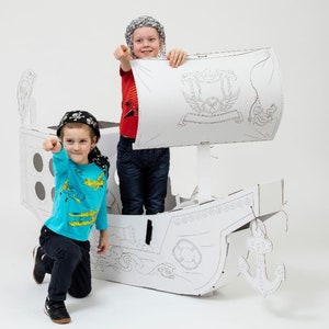 Barco pirata creativo de cartón, delineado, DIY, blanco grande, 3+ años, ecológico, juguete ecológico, para cumpleaños, juguete para interior y exterior