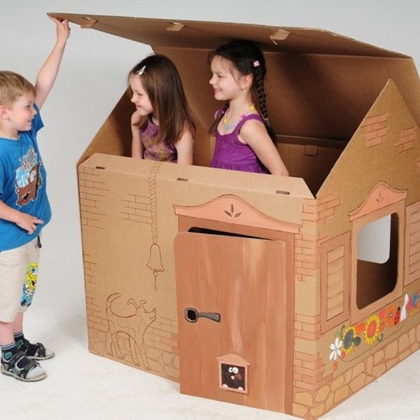 Maisonnette en carton marron, jouet à faire soi-même, 3 ans et plus, maisonnette écologique, cadeaux, jouet écologique, jouet à colorier, extérieur intérieur, pour fête d'anniversaire
