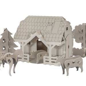 Construcción de una casa de granja en cartón 3D, 5+, bricolaje, regalo para niños, juego para colorear, ecológico