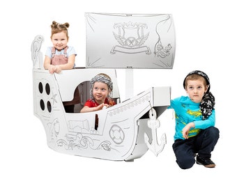 Grand bateau pirate en carton à colorier pour les enfants | Maison de jeu écologique et cadeau d'artisanat créatif pour les tout-petits