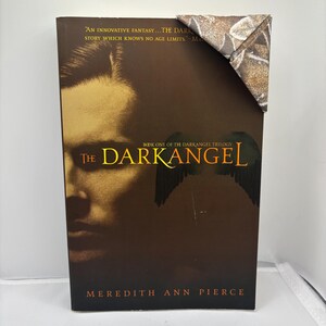 May include: A hardcover book titled "The Darkangel" by Meredith Ann Pierce. The cover features a dark brown background with a portrait of a person and the title in gold lettering. A decorative corner bookmark is attached.