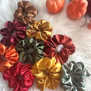 May include: A collection of ten satin hair scrunchies in various autumn-inspired colors including deep red, burnt orange, mustard yellow, olive green, sage green, and chocolate brown, arranged in a circular pattern on a white faux fur surface.