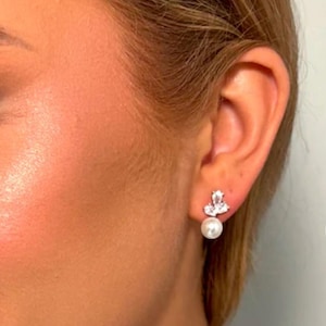 Wedding bridal jewelry earrings Bridesmaid gift prom party cubic zirconia marquise shape rhodium post earrings 7mm white cream crystal pearl