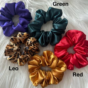 May include: A collection of satin scrunchies in various colors, including purple, green, red, and golden. One scrunchie features a leopard print. The names of the colors are written on the image.