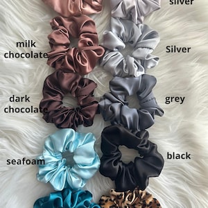 May include: A collection of satin scrunchies in various colors, including coffee cream, milk chocolate, dark chocolate, seafoam, teal, light silver, silver, grey, black, and leo. Each scrunchie is labeled with its color name.