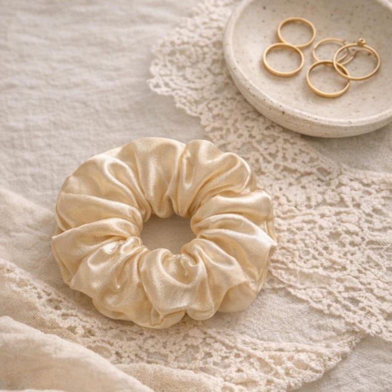 May include: A cream-colored satin scrunchie sits on a textured, off-white surface. The scrunchie is round with a gathered design. Gold rings are in a small, off-white dish in the background.