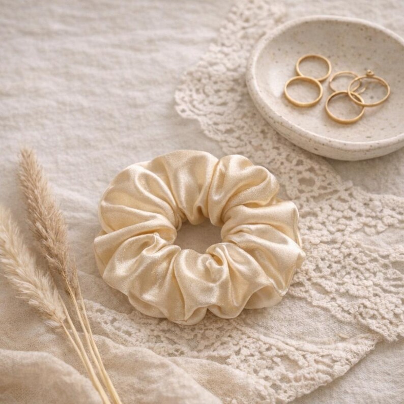 May include: A cream-colored satin scrunchie is the focal point of this image. The scrunchie is surrounded by a small ceramic bowl with gold rings, dried wheat stalks, and a lace doily. The background is a neutral, textured fabric.